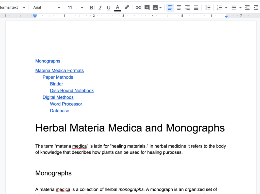 Google doc with table of contents for materia medica